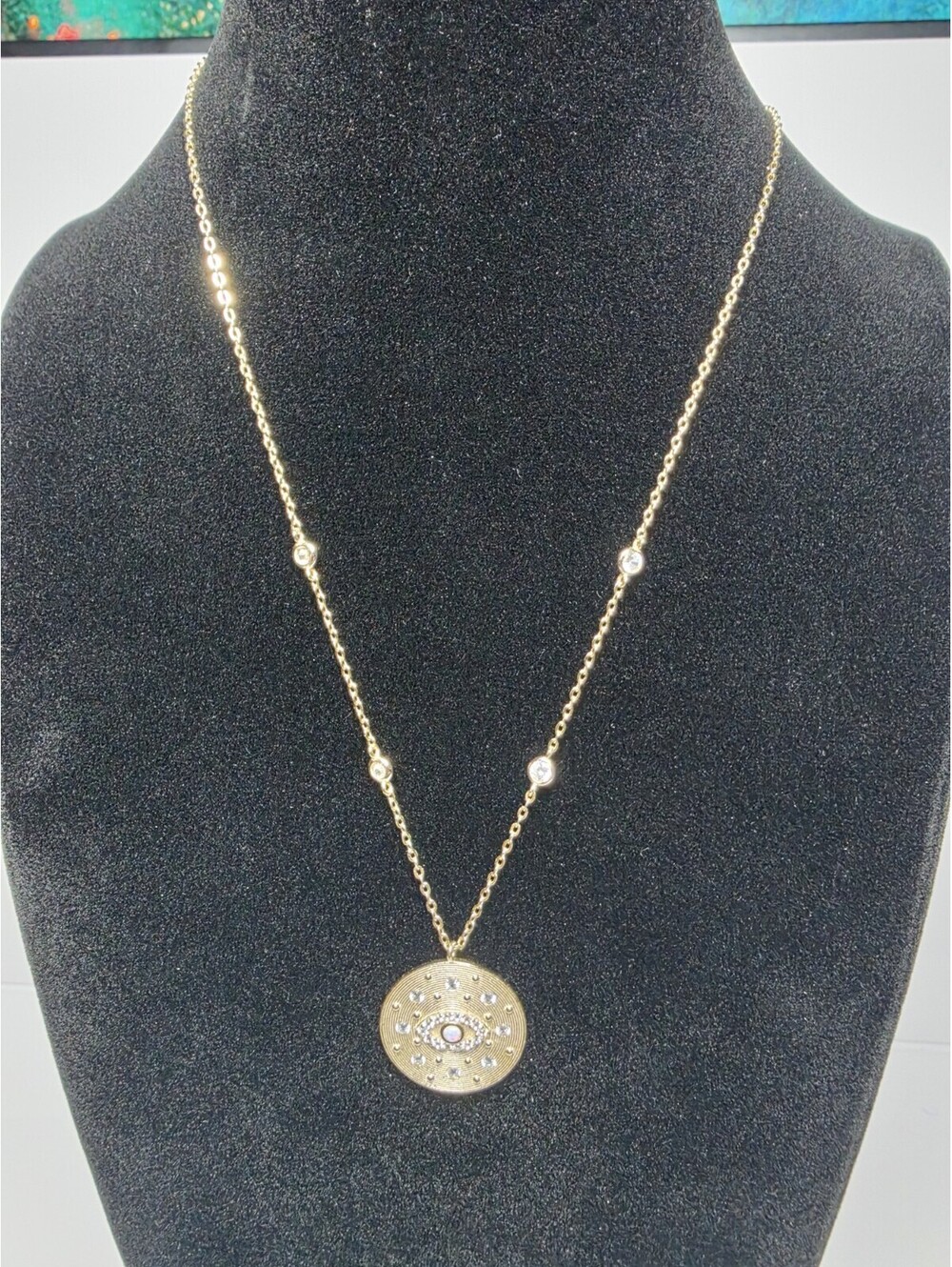 Sterling Silver CZ Gold Vermeil Evil Eye Round Disc Pendant Necklace 18"